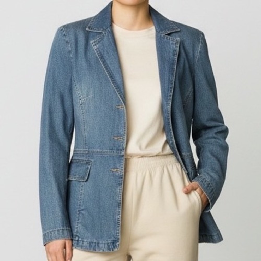 French Kuff Womens Blue Denim Blazer Jacket Large Y2K vtg utility casual chic‎